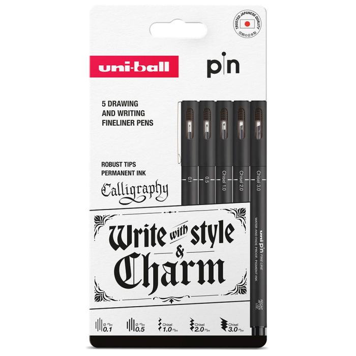 uni-ball PIN Calligraphy Fineliners Black Pack of 5
