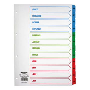 A4 Academic Year Mylar Coloured Tab Indexes Aug-Jul Set