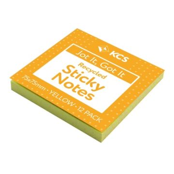 75 x 75mm KCS Recycled Sticky Notes Yellow 100 Notes Pack of 12