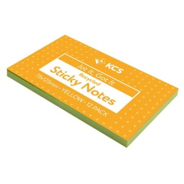 75 x 125mm KCS Recycled Sticky Notes Yellow 100 Notes Pack of 12