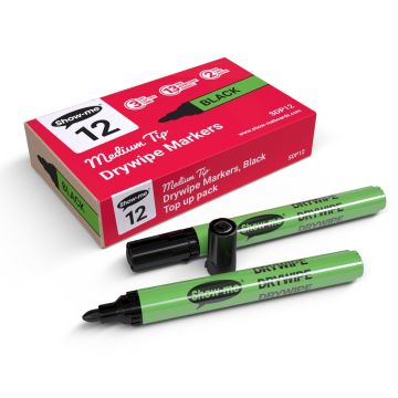 Show-me Slim Drywipe Pens Medium Tip Black Pack of 12