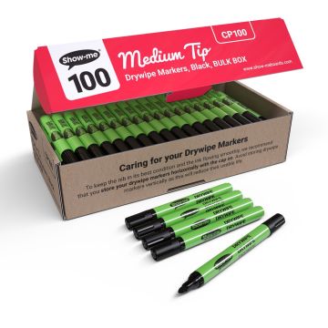 Show-me Slim Drywipe Pens Medium Tip Black Pack of 100