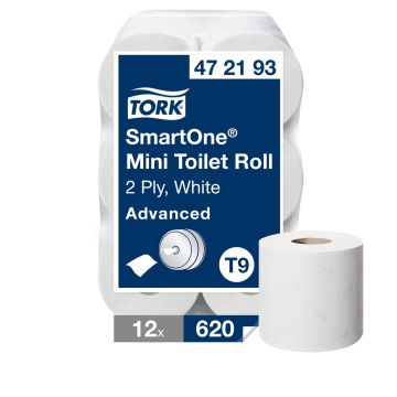 Tork SmartOneÂ® Mini 2 Ply Toilet Roll 620 Sheets White Pack of 12