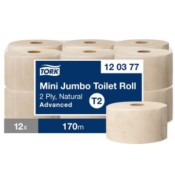 Tork Natural Mini Jumbo 2 Ply Toilet Rolls L170m Pack of 12