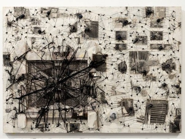 Mark Bradford mixed-media painting Mark Bradford abstract mixed-media painting with dense layers of paper and textured marks