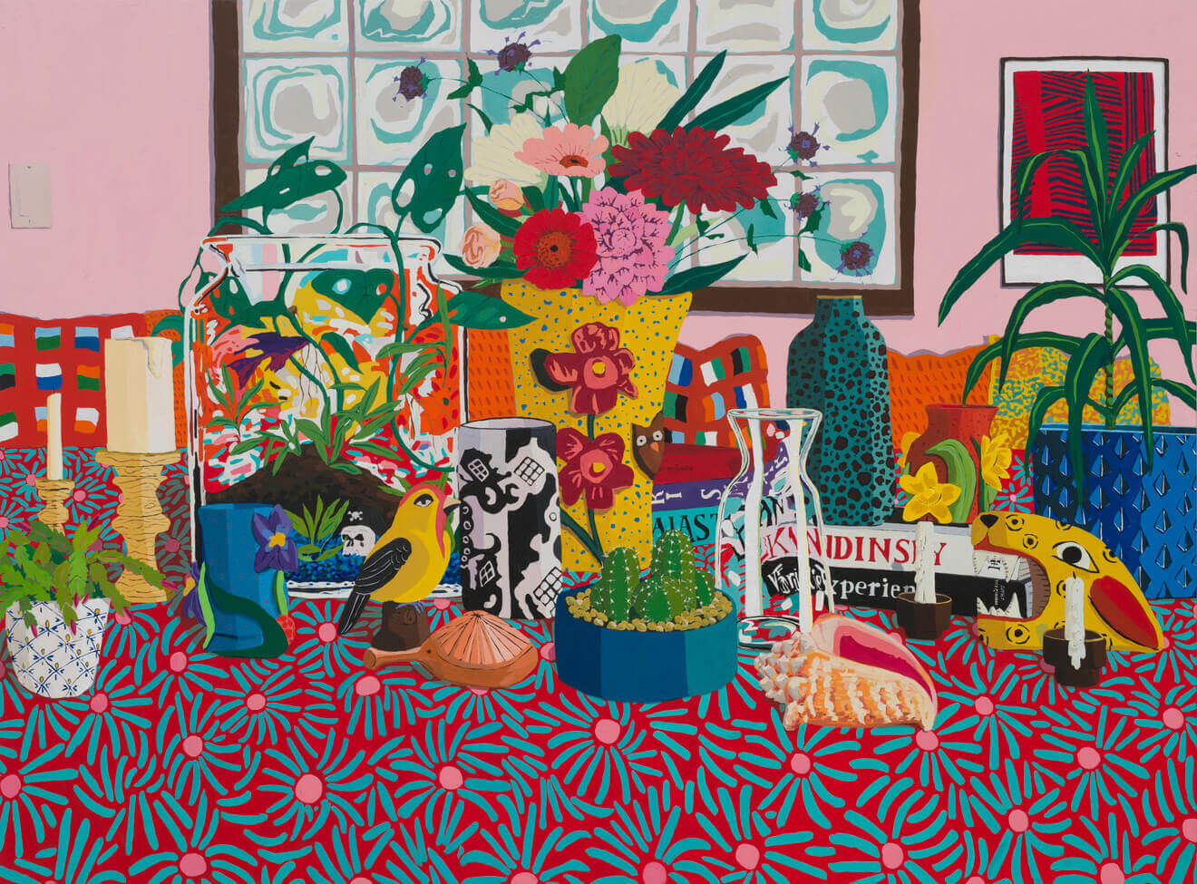 Hilary Pecis interior painting Hilary Pecis painting of an interior featuring bright colours, plants and patterned details