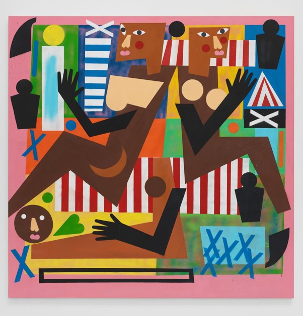 Nina Chanel Abney figurative painting Nina Chanel Abney figurative artwork using flat colours, graphic shapes and simplified figures
