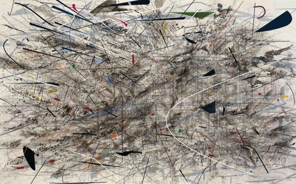 Julie Mehretu Stadia II Julie Mehretu abstract painting combining architectural lines, marks and layered forms