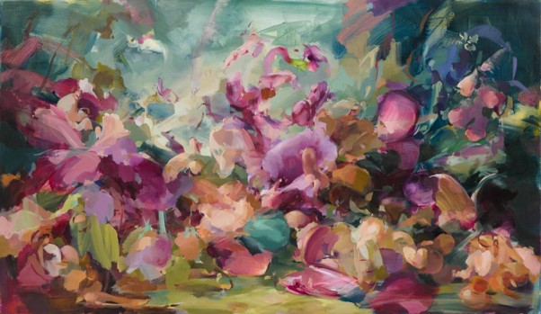 Flora Yukhnovich abstract painting Abstract painting by Flora Yukhnovich with swirling forms and vivid colours