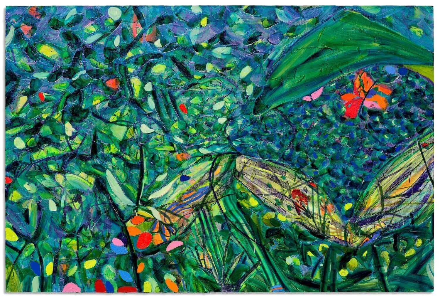 Jadé Fadojutimi abstract painting Abstract painting by Jadé Fadojutimi featuring energetic marks and layered vibrant colours